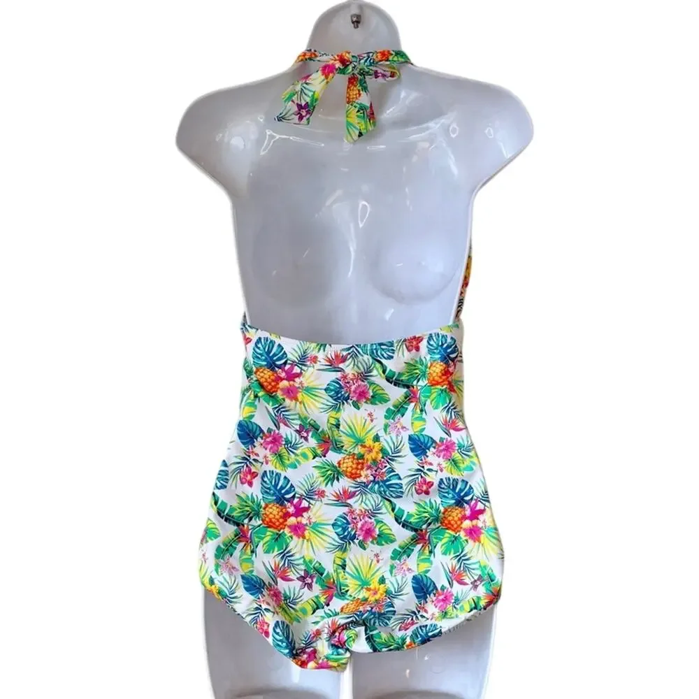 Firpearl White Tropical Pineapple Palm Halter Pin Up One Piece Swimsuit Size 12 - Picture 6 of 9